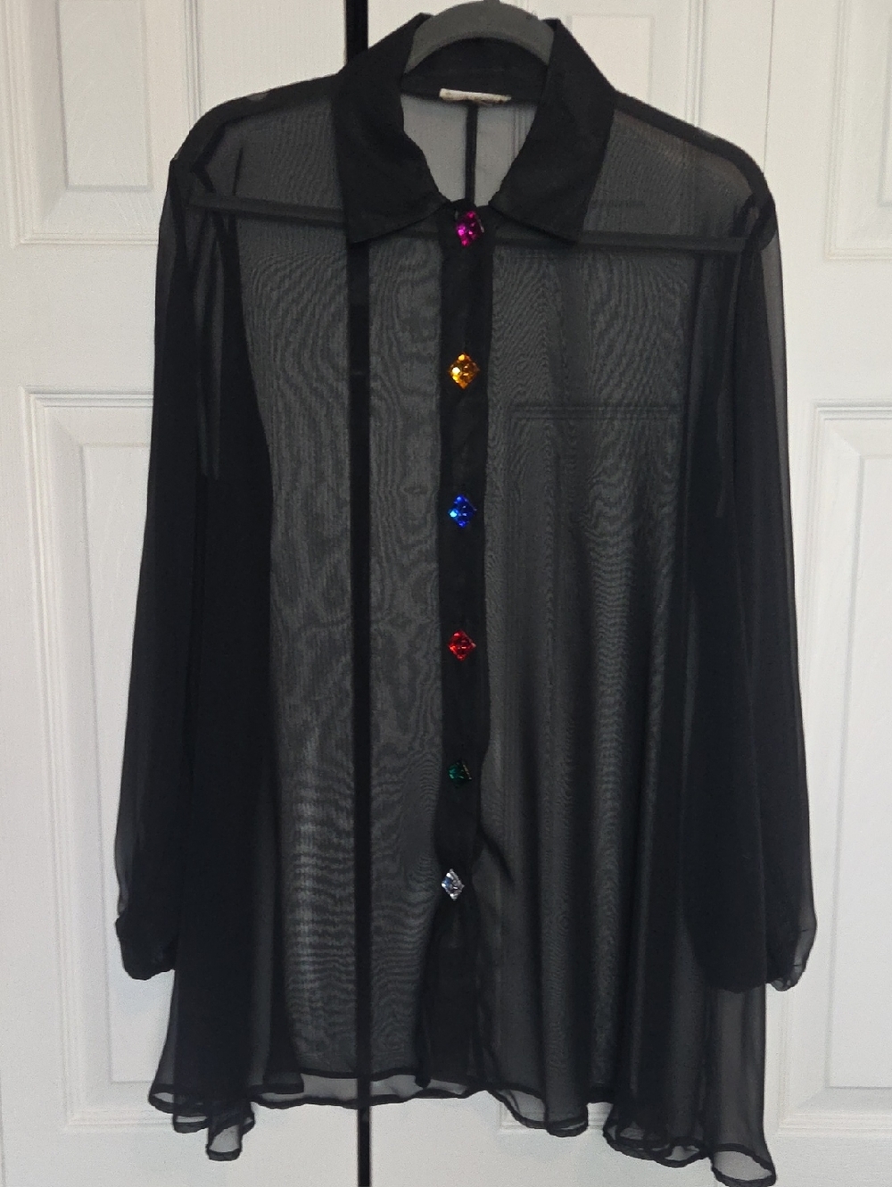 Vintage Black Sheer Button-Front Blouse with Multi-Color Gem Buttons